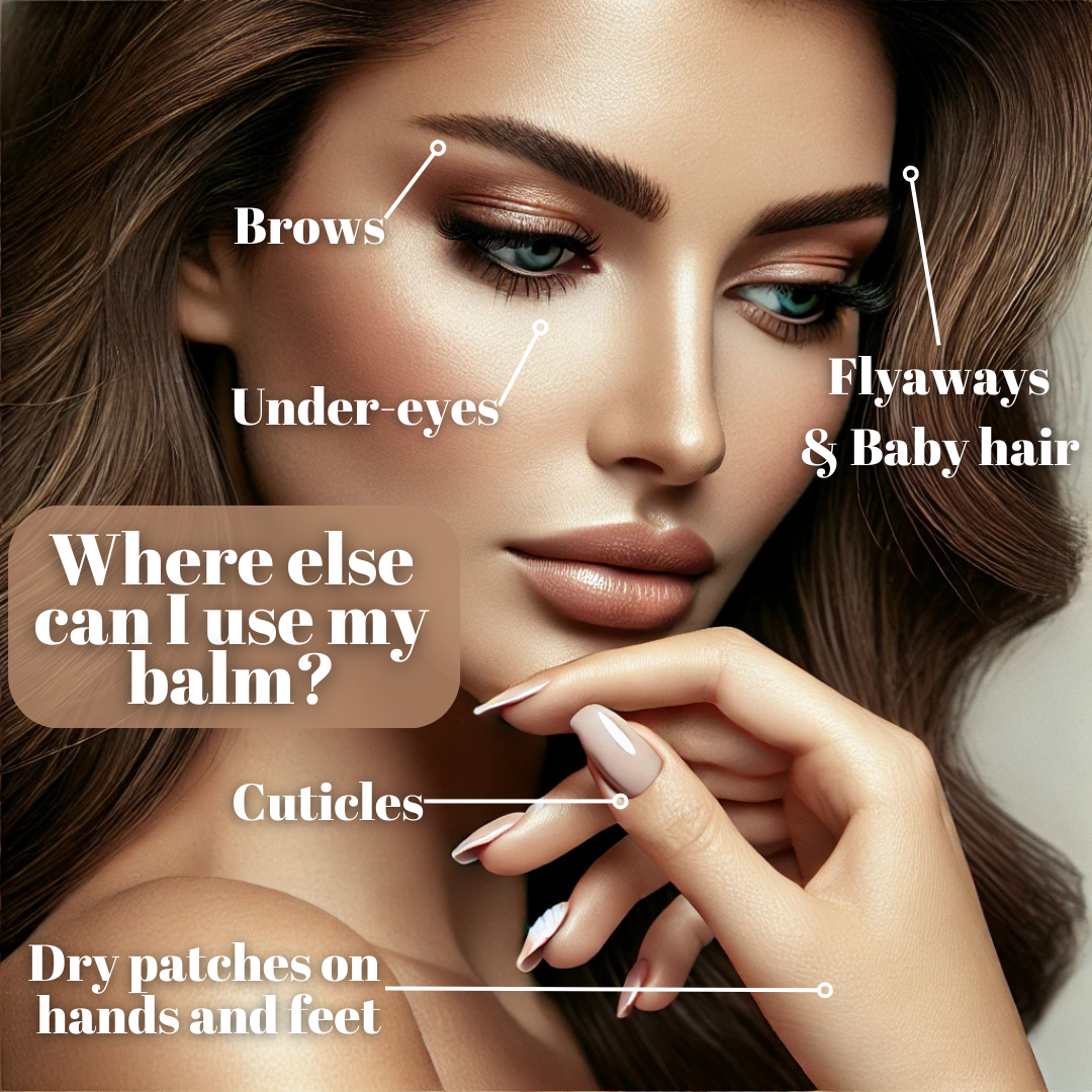 A stunning woman with olive skin and wavy hair gazing at her nails, showcasing the versatility of Aegean Olive’s luxurious lip balm. Text overlay highlights the balm’s multipurpose use for lips, cuticles, dry patches, and more—all with 100% natural, eco-friendly ingredients.